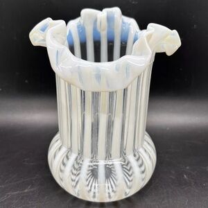 Northwood White Opalescent Glass Venetian Stripe Celery Vase Vintage Antique